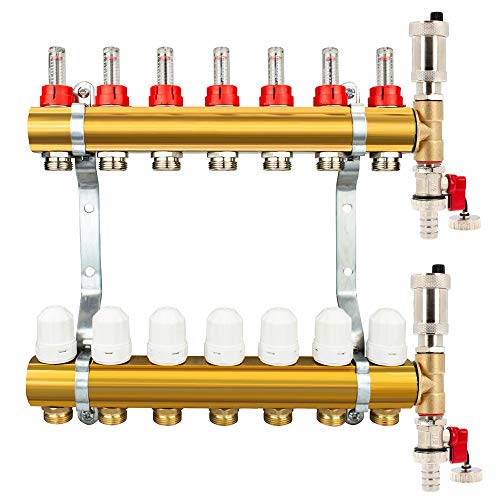 Millto™ Messing Heizkreisverteiler Fußbodenheizung 7 Heizkreise | Verteiler Entlüftungsset Automatische Entlüftung Flowmeter Thermostatventil von Generisch