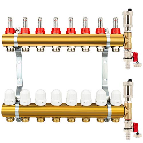 Millto™ Messing Heizkreisverteiler Fußbodenheizung 8 Heizkreise | Verteiler Entlüftungsset Automatische Entlüftung Flowmeter Thermostatventil von Generisch