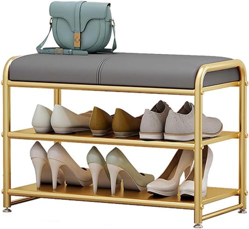 Mini Eingangsbank mit Schuhregal - Stilvolle niedrige Bank mit Kissen und goldenem Metallrahmen für die Aufbewahrung im Eingangsbereich von Generisch
