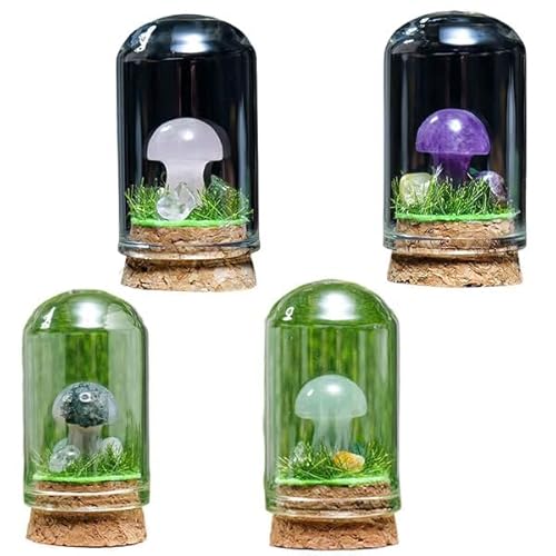 Mini-Kristall-Pilz-Terrarien – handgeschnitzte natürliche Kristallfiguren mit Glasbehältern – für Zuhause, Büro, Dekoration, 4 Stück (A) von Generisch