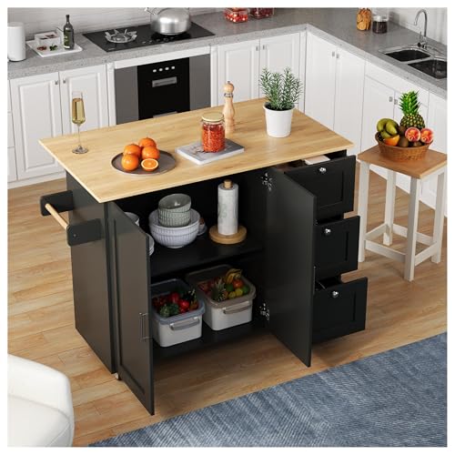 Mobile Kücheninsel Klappbare Strukturierte Eiche Arbeitsfläche Multifunktionsmöbel mit verstellbaren Ablagen 3 Schubladen Handtuchhalter 135x44(70)x90cm Schwarz von Generisch