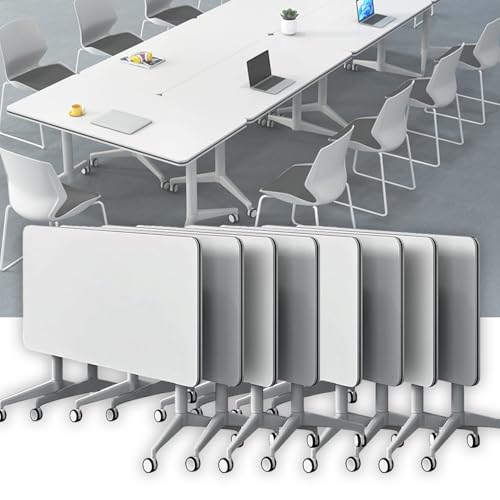 Mobiler, faltbarer weißer Konferenztisch mit Klappdeckel – moderner Büro-Trainingstisch auf Rädern für Schulbesprechungen, Klassenzimmer und kollaborative Arbeitsbereiche von Generisch