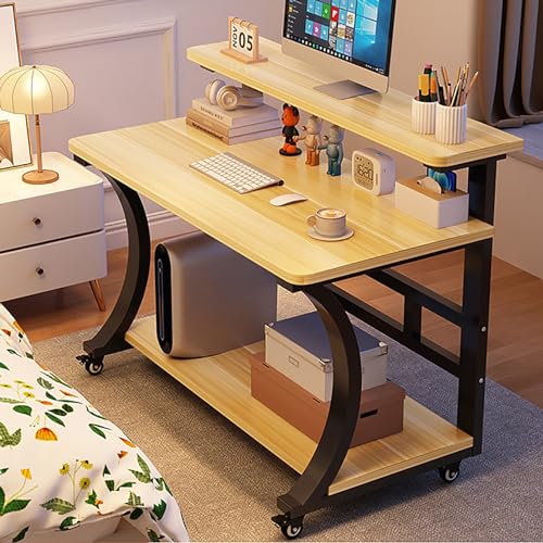 Mobiler Roll-Laptop-Schreibtisch mit Aufbewahrungsregal, tragbarer, kleiner Computertisch auf Rädern für Sofa und Bett, Industriedesign für kleine Räume (Natur-Schwarz, 100 x 50 x 86 cm) von Generisch