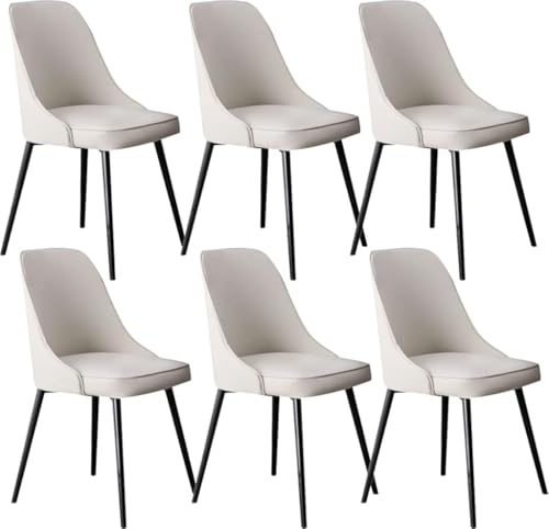 ModernEsszimmerstuhl-Set, 6 gepolsterte Küchen- und Wohnzimmerstühle mit weichen Nappaleder-Kissen und stabilen Metallbeinen, stilvoll, hellgrau, mit schwarzen Füßen von Generisch