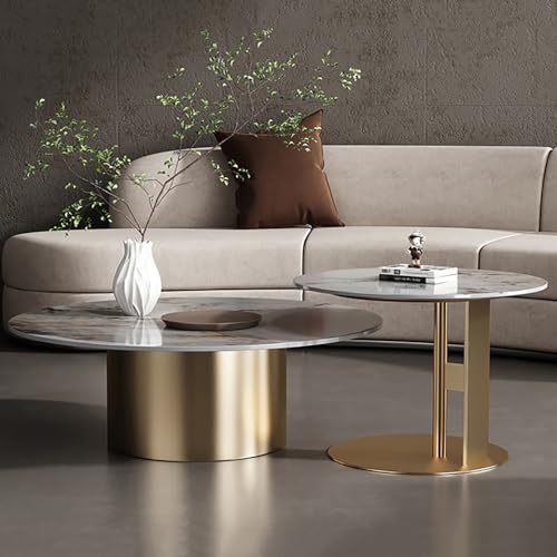 Moderne, runde Couchtische, 2er-Set, luxuriöse Marmorplatte, Mitte des Jahrhunderts mit goldfarbenem Metallsockel für Wohnzimmer, Empfang, Beistelltisch von Generisch