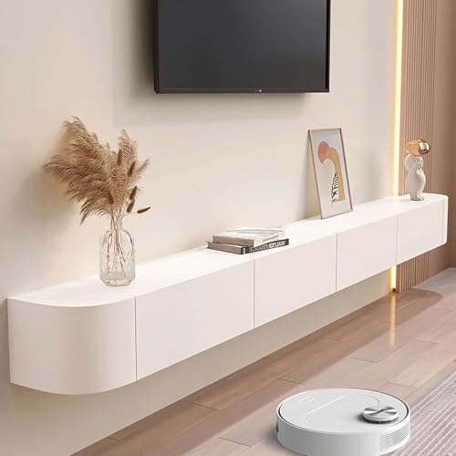 Moderne, schwebende TV-Einheit – Wandmontierter Massivholzschrank für Aufbewahrung und Unterhaltung zu Hause – stilvolle Medienkonsole mit Türen, Design mit runden Ecken (Weiß, 200 cm) von Generisch