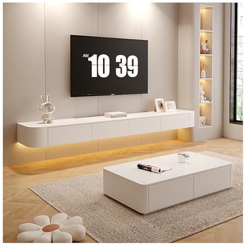 Moderne, wandmontierte, schwebende TV-Einheit mit großer Kapazität, Aufbewahrungsschrank und Regal mit Schublade für Home Entertainment und Büro, stilvolles weißes Design (240 x 24 x 20 cm) von Generisch
