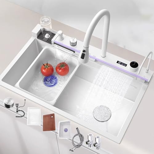 Moderne 304 Edelstahl-Spüle mit Wasserfall-Wasserhahn, Multifunktions-Küchenspüle in Gold, Schwarz, Weiß (Weiß, B 85 x 46 x 22 cm), komplettes Zubehör im Lieferumfang enthalten von Generisch