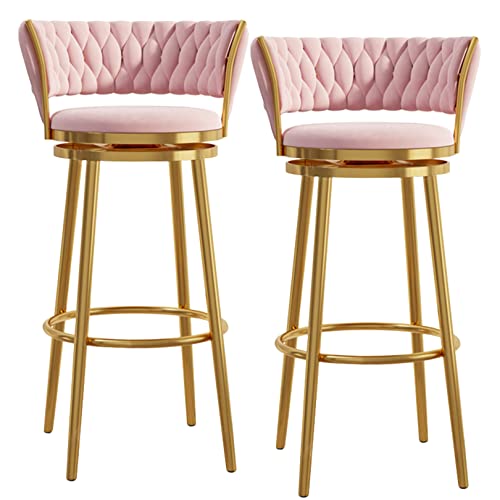 Moderne Barhocker aus Samt, 2er-Set, 65 cm, drehbar, Barstühle mit Rückenlehne und goldfarbener Fußstütze, Rosa, perfekt für Kücheninsel oder Barbereich von Generisch