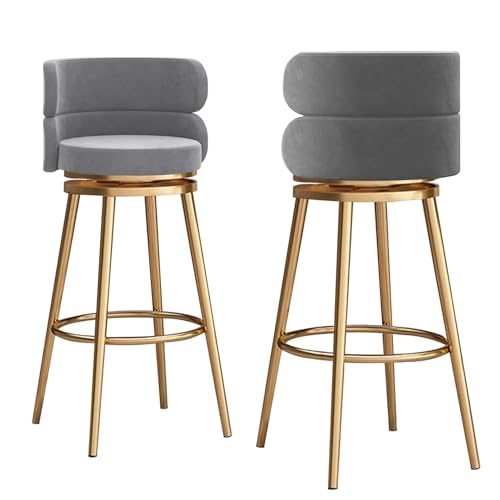 Moderne Barhocker aus Samt, 2er-Set, mit Rückenstütze und 360 Grad drehbarer Thekenhöhe, Barhocker mit Metallbeinen, bequemer Samtsitz, grau, 75 cm Sitzhöhe von Generisch