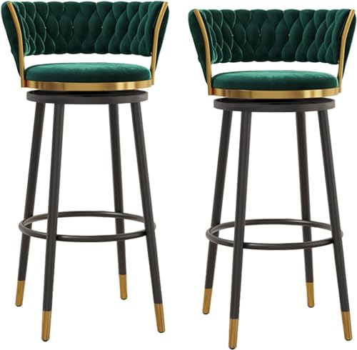 Moderne Barhocker aus grünem Samt, drehbar, 2er-Set, Thekenhöhe, mit gebogener Rückenlehne und Fußstütze, stilvolle schwarze Metallbeine, geeignet für Hausbar oder Kücheninsel, 75 cm Sitzhöhe von Generisch
