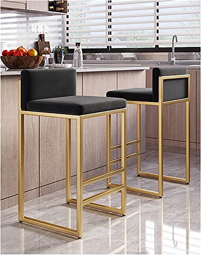 Moderne Barhocker aus schwarzem Samt, 2er-Set, mit goldfarbenen Metallbeinen, gepolsterter Sitz und Rückenlehne, für Küchentheke oder Frühstücksbar von Generisch