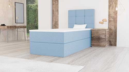 Moderne Bett MERA Mini Boxspringbett mit Bettkasten Ziernähten Bonell Matratze H3 Federkern Topper Polsterbett Einzelbett Schlafzimmer (100 x 200 cm, Blau: Aura 13) von Generisch