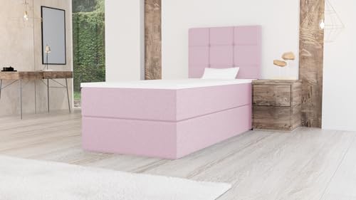 Moderne Bett MERA Mini Boxspringbett mit Bettkasten Ziernähten Bonell Matratze H3 Federkern Topper Polsterbett Einzelbett Schlafzimmer (100 x 200 cm, Rosa - Aura 09) von Generisch