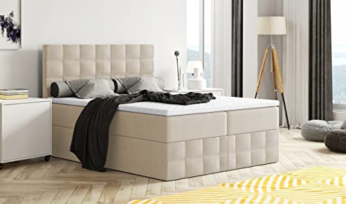 Generisch Moderne Boxspringbett MERA Premium Bett mit Bettkasten Ziernähten Bonell Matratze H3 Federkern Topper Polsterbett Doppelbett Schlafzimmer (Beige - Aura 01, 120 x 200) von Generisch