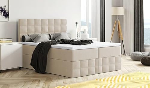 Moderne Boxspringbett MERA Premium Bett mit Bettkasten Ziernähten Bonell Matratze H3 Federkern Topper Polsterbett Doppelbett Schlafzimmer (Beige: Aura 01, 180 x 200 cm) von Generisch