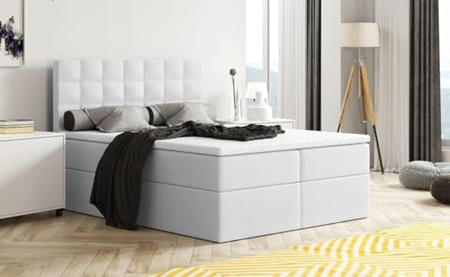 Moderne Boxspringbett MERA Premium Bett mit Bettkasten Ziernähten Bonell Matratze H3 Federkern Topper Polsterbett Doppelbett Schlafzimmer (Kunstleder Weiss: MADRYT 120, 120 x 200 cm) von Generisch