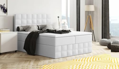 Moderne Boxspringbett MERA Premium Bett mit Bettkasten Ziernähten Bonell Matratze H3 Federkern Topper Polsterbett Doppelbett Schlafzimmer (Weiss - Madryt 120 (Kunstleder), 120 x 200) von Generisch