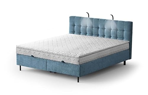 Moderne Boxspringbett NUMA Bett mit Bettkasten Ziernähten Bonell Matratze H3 Federkern Polsterbett Doppelbett Schlafzimmer (Blue - Aston 12, 180 x 200 cm) von Generisch