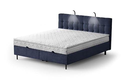 Moderne Boxspringbett NUMA Bett mit Bettkasten Ziernähten Bonell Matratze H3 Federkern Polsterbett Doppelbett Schlafzimmer (Deep Blue - Aston 26, 180 x 200 cm) von Generisch