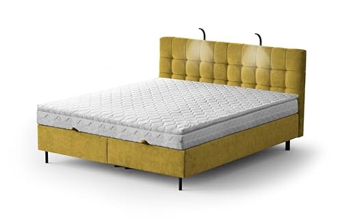 Moderne Boxspringbett NUMA Bett mit Bettkasten Ziernähten Bonell Matratze H3 Federkern Polsterbett Doppelbett Schlafzimmer (Yellow - Aston 08, 180 x 200 cm) von Generisch