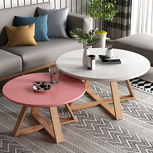 Moderne Couchtische im 2er-Set – runde minimalistische Beistelltische für Wohnzimmer, Schlafzimmer, Balkon – stabil, einfache Montage in Weiß & Rosa (70 cm) von Generisch