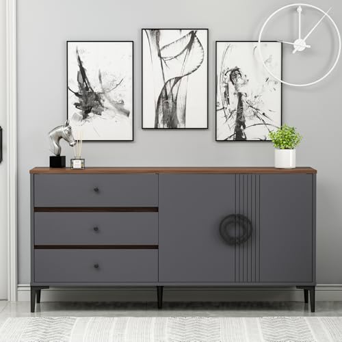 Moderne Design Zoe Konsole Kommode Sideboard TV Board mit 2 Türen und 3 Schubladen 150 x 78,6 x 40 cm Anthrazit Walnuss Farbe von Generisch