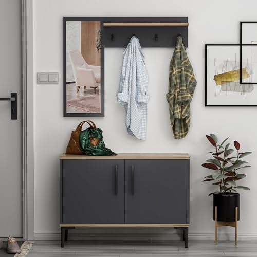 Moderne Garderobenleiste mit Schuhschrank, stilvolle Fluraufbewahrungslösung, platzsparende Garderobenleiste für den Eingangsbereich, anthrazit/eiche von Generisch