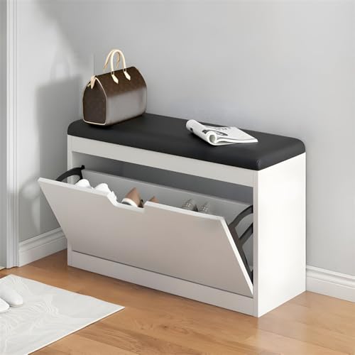 Moderne Holzbank mit Klapptüren und gepolstertem Sitz, 80 cm lang, 17,8 cm breit, 45,7 cm hoch, schwarz, 1 Ablage, stilvolle Eingangsmöbel. Moderne Holzbank mit Klapptüren und gepolstertem Sitz, 80 cm lang, 17,8 cm breit, 45,7 cm hoch, schwarz, 1 Ablage, stilvolle Eingangsmöbel. von Generisch