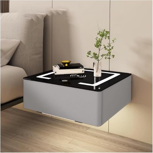 Moderne LED-Wandhalterung, Schlafzimmer-Nachttisch mit Ladestation, 1 Schublade, mit schwebendem Regal aus Glas (Größe: 40 x 18 x 40 cm, Farbe: Hellgrau) von Generisch