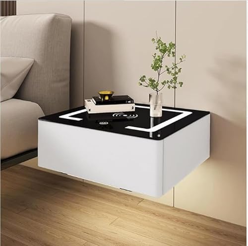Moderne LED-Wandhalterung, Schlafzimmer-Nachttisch mit Ladestation, 1 Schublade, mit schwebendem Regal aus Glas (Größe: 40 x 18 x 40 cm, Farbe: Weiß) von Generisch