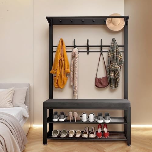 Moderne Metallgarderobe mit Schuhaufbewahrung aus Holz, 3-in-1-Design, Eingangsbereich, stilvoller schwarzer Flurständer, 32,8 cm T x 100,1 cm B x 172 cm H Moderne Metallgarderobe mit Schuhaufbewahrung aus Holz, 3-in-1-Design, Eingangsbereich, stilvoller schwarzer Flurständer, 32,8 cm T x 100,1 cm B x 172 cm H von Generisch