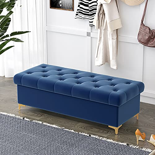 Moderne Ottoman-Bank aus Samt mit Stauraum, luxuriös, gepolstertes Bettendsitz, für Schlafzimmer und Wohnzimmer, stilvolles Blau, 120 x 40 cm, Möbelstück von Generisch