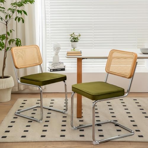 Moderne Rattan-Esszimmerstühle aus der Mitte des Jahrhunderts, 2er-Set, gepolsterte Samt-Sitzfläche mit Rohr-Rückenlehne und Chrom-Basis für Wohnzimmer und Küche Moderne Rattan-Esszimmerstühle aus der Mitte des Jahrhunderts, 2er-Set, gepolsterte Samt-Sitzfläche mit Rohr-Rückenlehne und Chrom-Basis für Wohnzimmer und Küche von Generisch