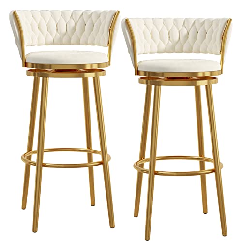 Moderne Samt Barhocker 2er Set 360° Drehbar Thekenhöhe Stühle mit Rückenlehne und Gold Fußstütze für Kücheninsel Elegantes Weiß Design von Generisch