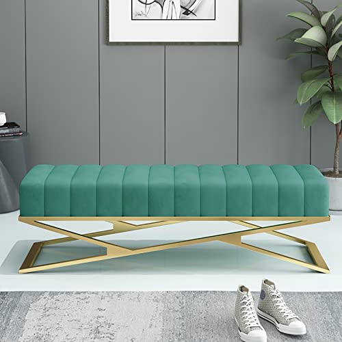 Moderne Samt-Schuhbank mit Ottomane – luxuriöser gepolsterter Eingangssitz mit X-förmigem Metallfuß, dekorativer getufteter Akzent für Schlafzimmer und Wohnzimmer Aufbewahrungslösungen von Generisch