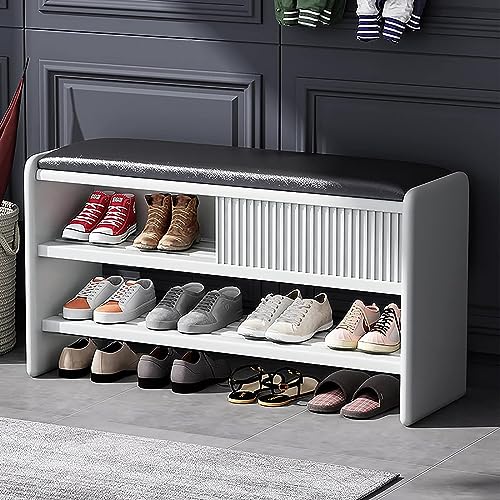 Moderne Schuhbank Lederkissen Eingangsbereich Aufbewahrung Sitz Gepolstertes Schuhregal für Flur Schwarz & Weiß Holz Schuhschrank 80x30x45cm (31x) von Generisch