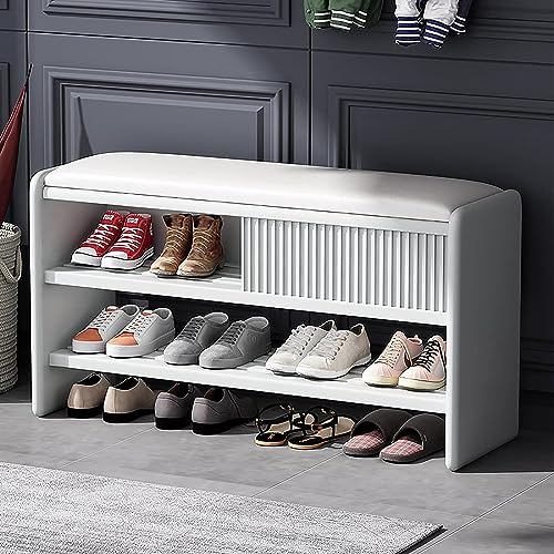 Moderne Schuhbank Weiß Eingangsbereich Aufbewahrungssitz mit Lederkissen Holz Schuhregal Gepolstert Flur Möbel 100x30x45cm (39x12x18) von Generisch