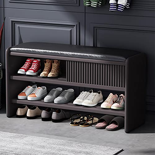 Moderne Schuhbank mit Lederkissen, Holzeingang, gepolsterter Schuhschrank für Flur, Dunkelgrau mit schwarzem Sitz, 60 x 30 x 45 cm von Generisch