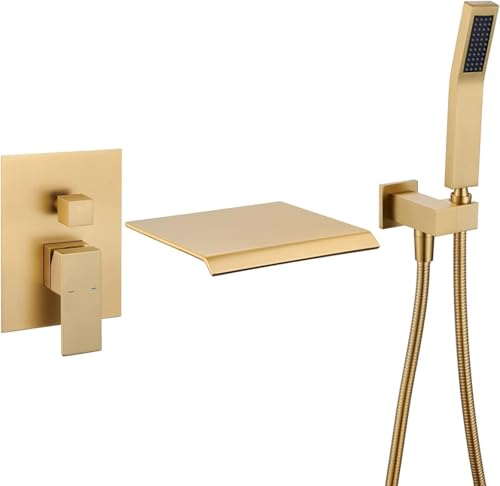 Moderne Wand-Duscharmaturen – Messing Wasserfall Badewannenarmatur mit Einhebel-Handbrause für heiße und kalte Handbrause, gebürstetes Gold-Finish für moderne Badezimmer Moderne Wand-Duscharmaturen – Messing Wasserfall Badewannenarmatur mit Einhebel-Handbrause für heiße und kalte Handbrause, gebürstetes Gold-Finish für moderne Badezimmer von Generisch