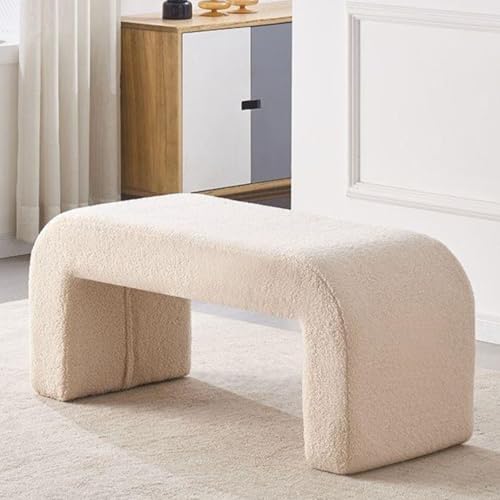 Moderne beige gepolsterte Ottomane Bank für Wohnzimmer, Schlafzimmer, Eingangsbereich, kleine Größe mit flauschigem Sherpa-Stoff und gewölbtem Design von Generisch