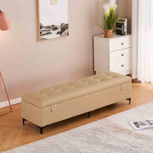 Moderne gepolsterte Aufbewahrungsbank für Schlafzimmer und Eingangsbereich, dunkelgelbes Holz, stilvoller Lederbehälter mit Beinen, elegante Aufbewahrungslösung für Zuhause. von Generisch