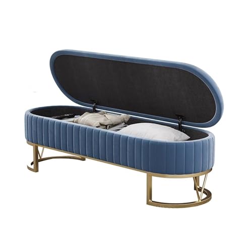 Moderne gepolsterte Aufbewahrungsbank mit Metallbeinen – vielseitiger Nachthocker für Wohnzimmer & Eingangsbereich – stilvolle blaue Bett-Aufbewahrungslösung (klein) von Generisch