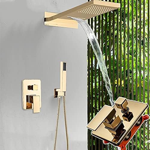 Moderne mattschwarze Duscharmatur mit Regen- und Wasserfall-Duschkopf, Handbrause inklusive, verdecktes Duschsystem, Box-Design, Gold-Finish. Moderne mattschwarze Duscharmatur mit Regen- und Wasserfall-Duschkopf, Handbrause inklusive, verdecktes Duschsystem, Box-Design, Gold-Finish. von Generisch