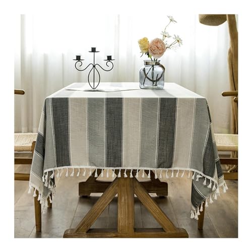 Moderne rechteckige Tischdecke, 140 x 300 cm, waschbar, Polyester, stilvolle dreifarbige Streifen mit Quasten, ideal für Innen- und Außenbereich, Dunkelgrau-Beige Moderne rechteckige Tischdecke, 140 x 300 cm, waschbar, Polyester, stilvolle dreifarbige Streifen mit Quasten, ideal für Innen- und Außenbereich, Dunkelgrau-Beige von Generisch