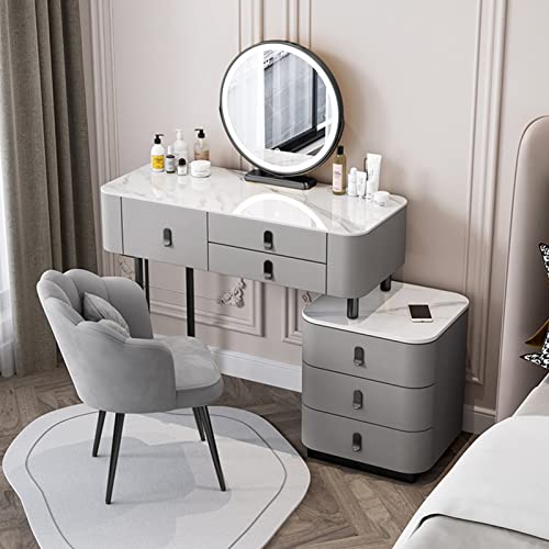 Moderner, eleganter Schminktisch mit 360° drehbarem Spiegel, LED-Lichtern (3 Farben), Schminktisch mit 6 Schubladen und gepolstertem Hocker, Platin-Finish, 100 cm von Generisch