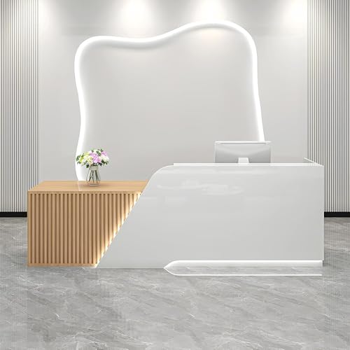 Moderner, minimalistischer Rezeptionstisch aus Holz, multifunktionales Design für Büro-Empfangsbereiche und Kassenzähler, stilvolle Möbel für professionelle Arbeitsbereiche Moderner, minimalistischer Rezeptionstisch aus Holz, multifunktionales Design für Büro-Empfangsbereiche und Kassenzähler, stilvolle Möbel für professionelle Arbeitsbereiche von Generisch
