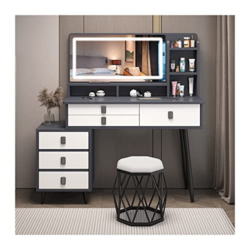 Moderner, minimalistischer Schminktisch-Set, kleiner Schminktisch mit Spiegel und Teleskopschublade, stilvolle Schlafzimmer-Kommode und Nachtschrank mit rundem Hocker (100 cm) von Generisch