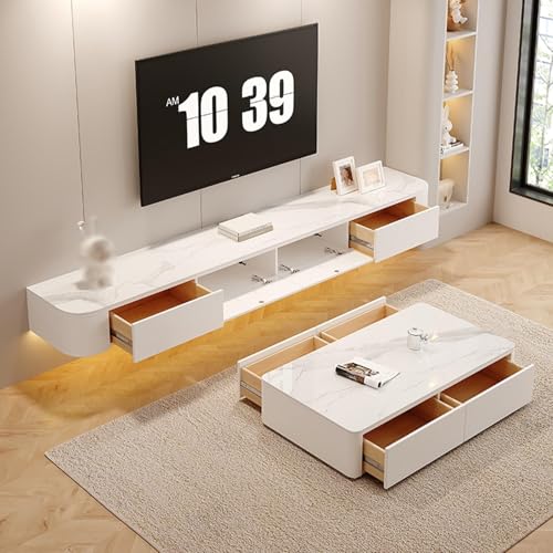 Moderner, schwebender TV-Ständer aus Massivholz – Wandmontierte Medienkonsole mit großen Aufbewahrungstüren und schwebenden Regalen für Fernseher bis zu 220 cm – stilvolle Unterhaltungszentrale von Generisch