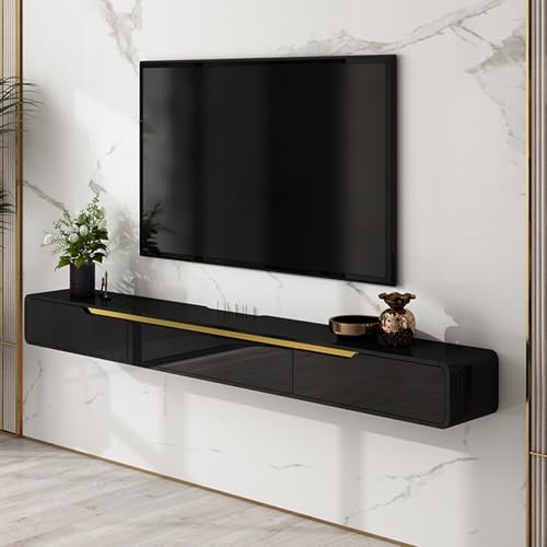 Moderner, schwebender TV-Ständer mit glänzender Oberfläche und wandmontiertem Design mit reichlich Stauraum, ideal als Wohnzimmerdekoration. Erhältlich in Schwarz und Gold, 180 cm Länge. Moderner, schwebender TV-Ständer mit glänzender Oberfläche und wandmontiertem Design mit reichlich Stauraum, ideal als Wohnzimmerdekoration. Erhältlich in Schwarz und Gold, 180 cm Länge. von Generisch